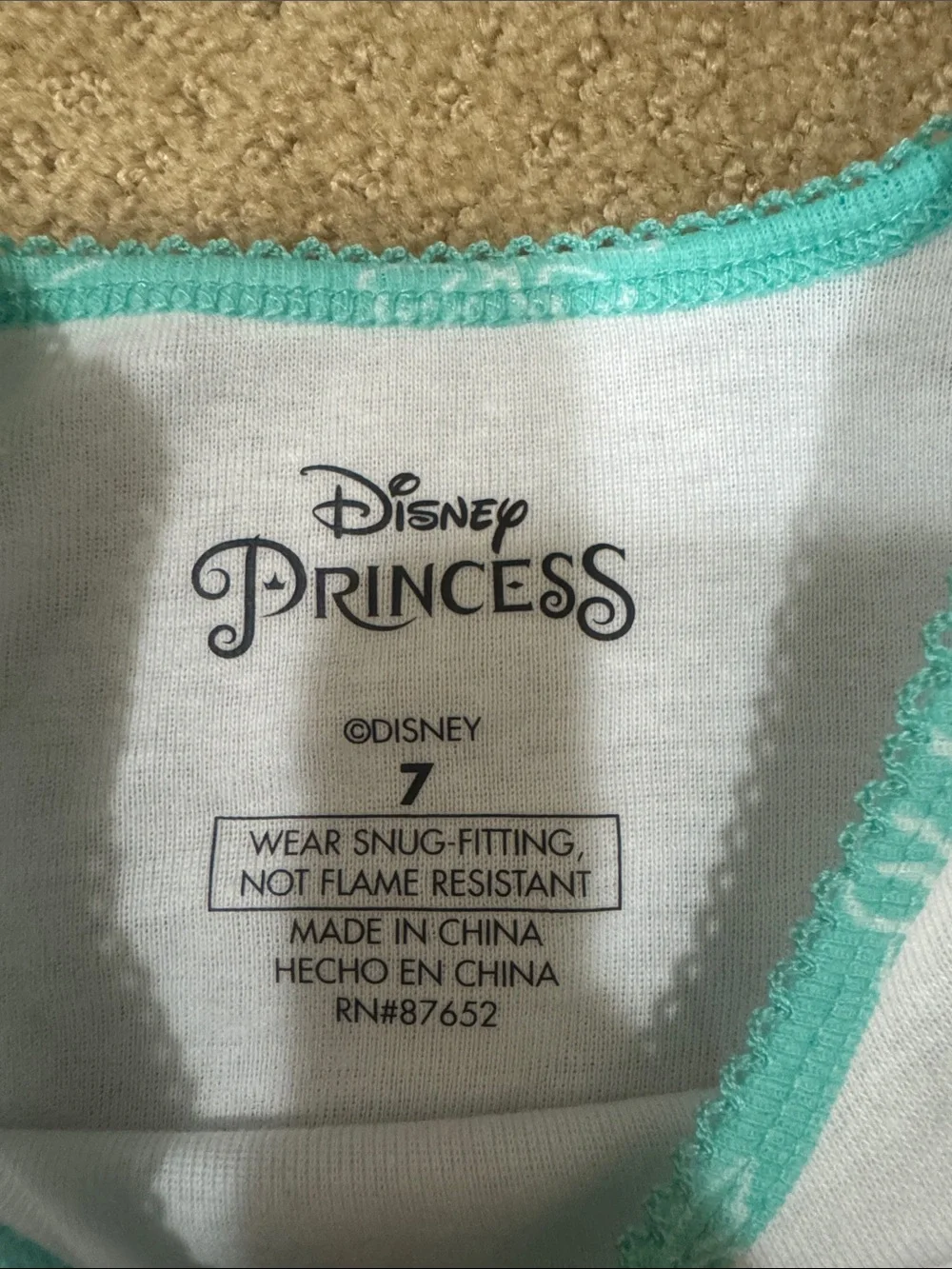 Disney Princess White Top with Mint Green Printed Pajama Set